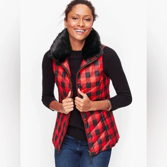 Talbots Faux Fur Buffalo Plaid Puffer Vest - Picture 1 of 10